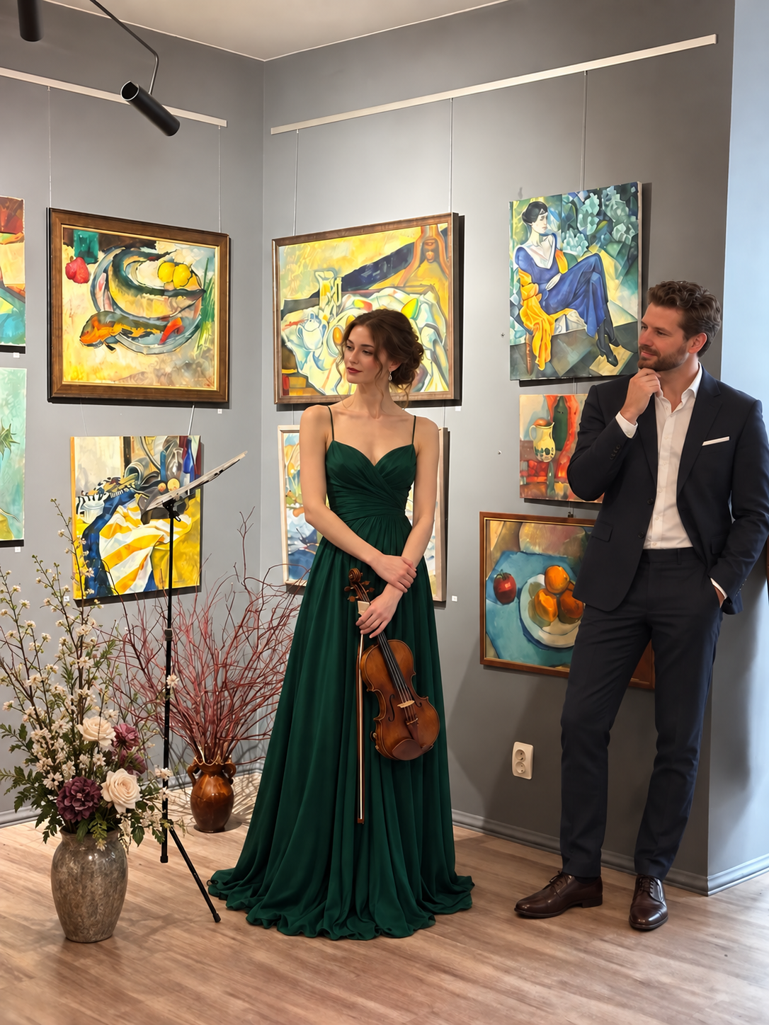 A violinist at a gallery event beside an elegant flower arrangement